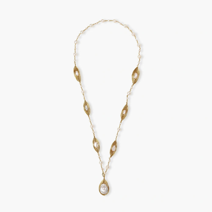14K gold plated necklace with organic leaf motifs and freshwater pearls arranged in an elegant chain design on neutral background.