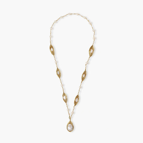14K gold plated necklace with organic leaf motifs and freshwater pearls arranged in an elegant chain design on neutral background.