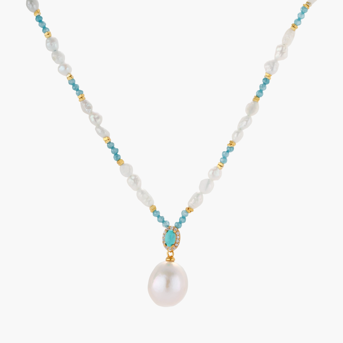 Beaded necklace with baroque pearls, turquoise stones, and gold accents featuring a large pearl pendant on white background.