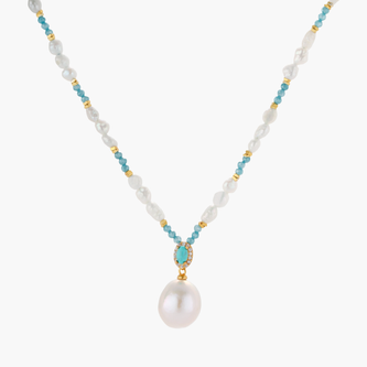 Beaded necklace with baroque pearls, turquoise stones, and gold accents featuring a large pearl pendant on white background.