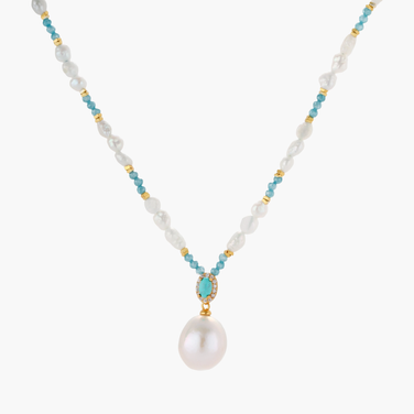 Beaded necklace with baroque pearls, turquoise stones, and gold accents featuring a large pearl pendant on white background.