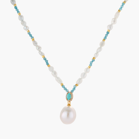 Beaded necklace with baroque pearls, turquoise stones, and gold accents featuring a large pearl pendant on white background.