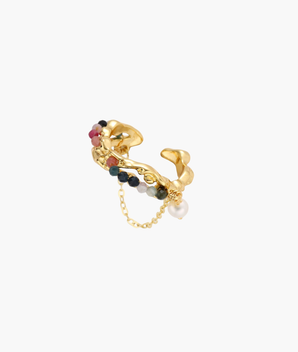 Gold sculptural cuff ring with multicolored tourmaline beads and baroque pearl drop on delicate chain