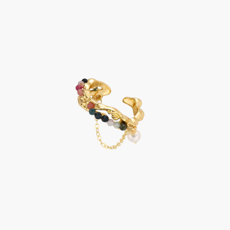 Gold sculptural cuff ring with multicolored tourmaline beads and baroque pearl drop on delicate chain