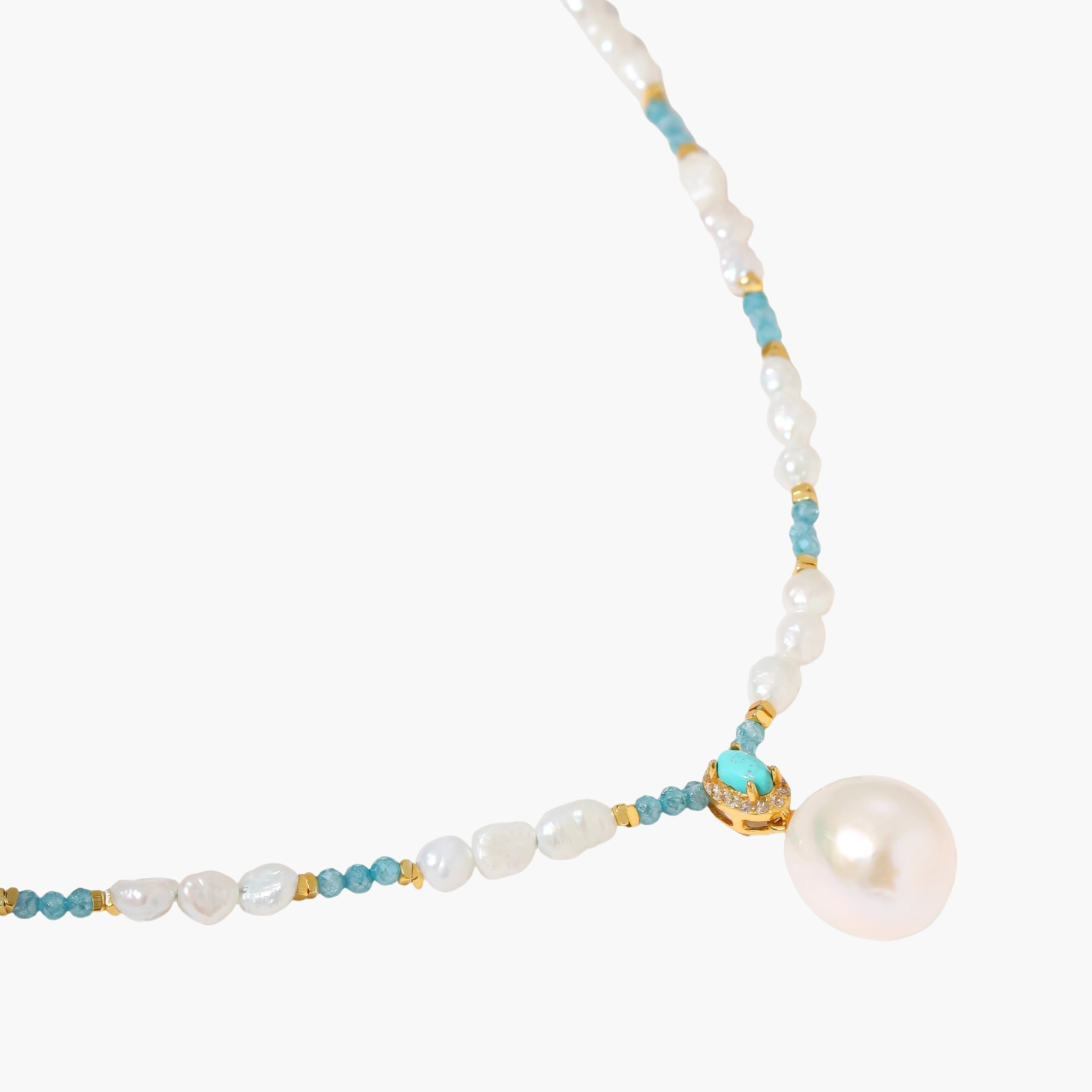 Beaded necklace with baroque pearls, turquoise stones, and gold accents featuring a large pearl pendant on white background.