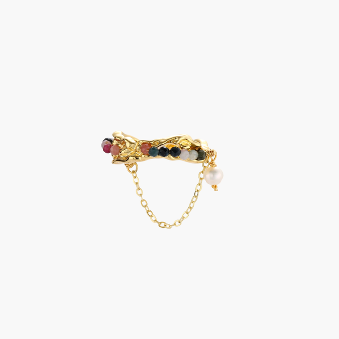 Gold sculptural cuff ring with multicolored tourmaline beads and baroque pearl drop on delicate chain