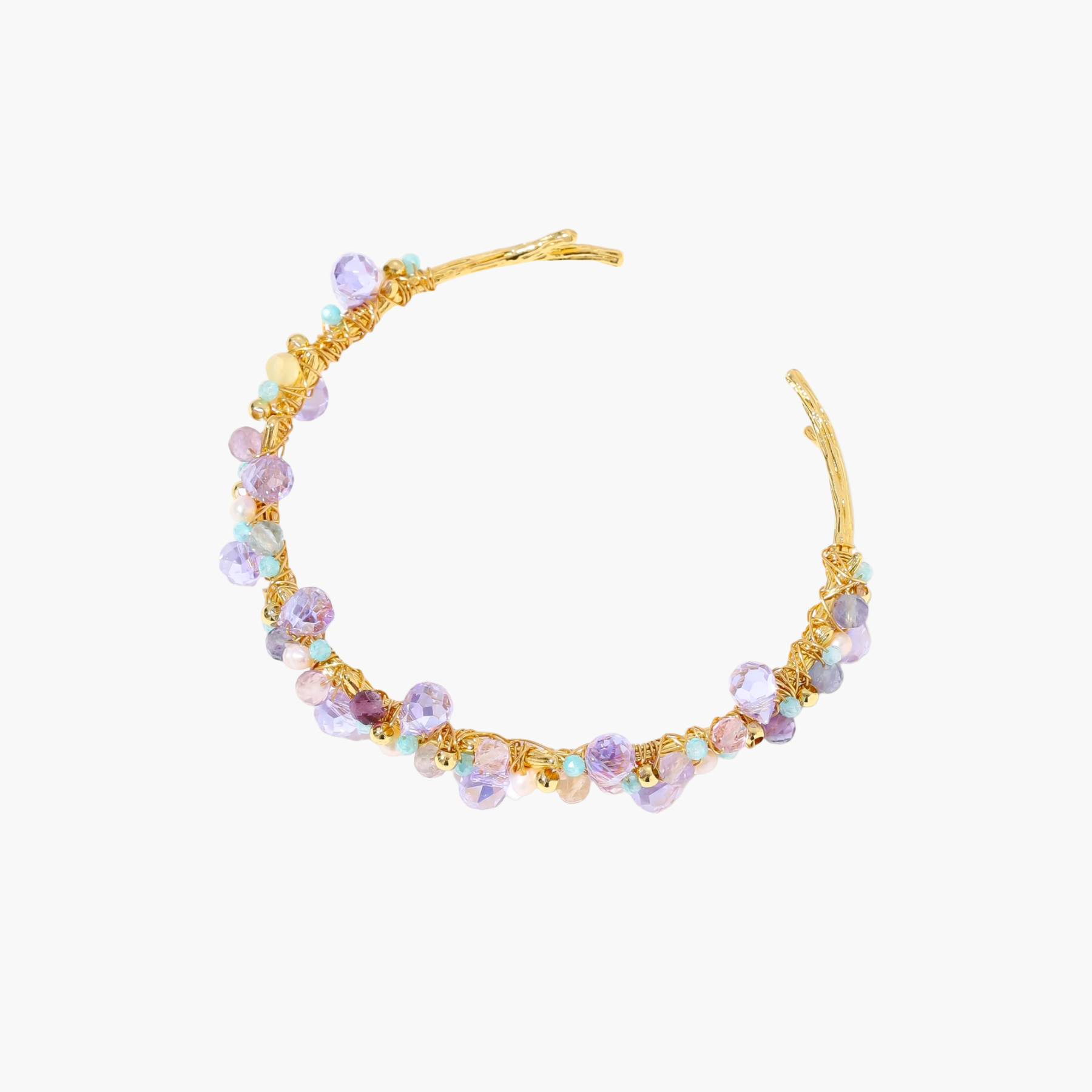 Gold-plated adjustable cuff bracelet with clustered lavender fluorite, turquoise beads, and freshwater pearls on white background.