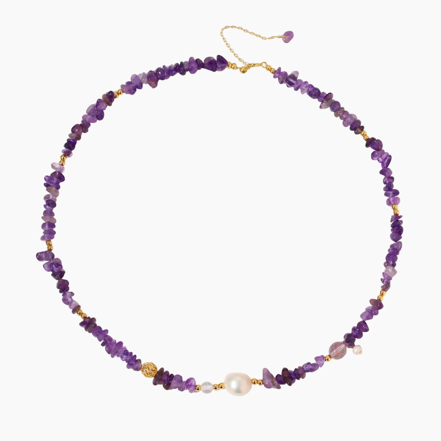 Beaded necklace with purple amethyst chips, freshwater pearls, and gold accents on white background.