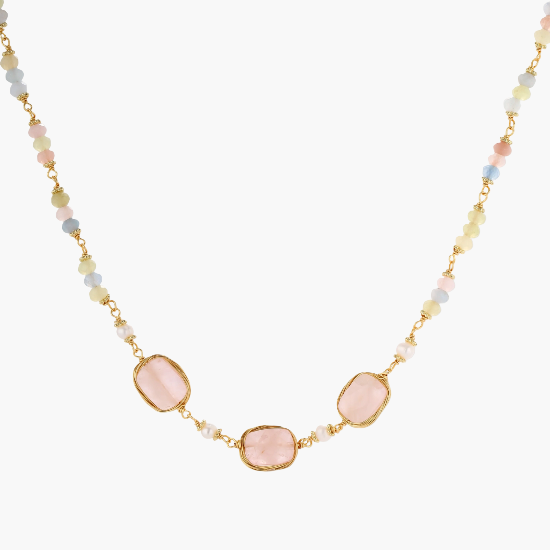 Gold necklace with three rose quartz stones, multicolor pastel beads, and pearl accents on white background.