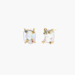 Baroque pearl studs in gold-plated prong setting with four multicolor gemstones on each corner, front and side view