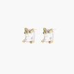 Baroque pearl studs in gold-plated prong setting with four multicolor gemstones on each corner, front and side view