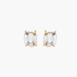 Baroque pearl studs in gold-plated prong setting with four multicolor gemstones on each corner, front and side view