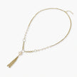 Long gold-plated necklace with freshwater pearls, chunky chain links, and flowing tassel pendant