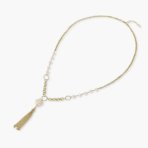 Long gold-plated necklace with freshwater pearls, chunky chain links, and flowing tassel pendant