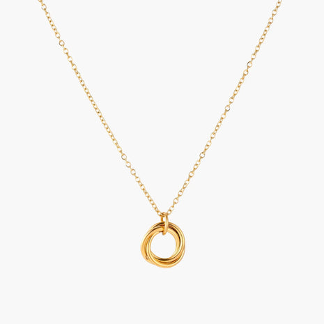 Delicate gold-plated necklace with three interlocking circle rings forming a minimalist knot pendant on cream background