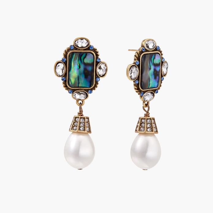 Ornate gold-plated earrings with iridescent abalone shell, crystals, blue stones, and white pearl drops on cream background.