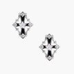 Pair of Art Deco-style stud earrings with star crystals, black enamel accents, and white gold plating on ivory background.