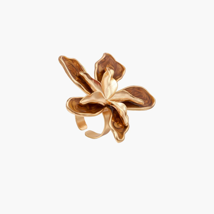 Large rose gold ring with marbled brown enamel petals in a sculptural flower design