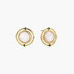 Circular gold stud earrings with iridescent mother-of-pearl center and green zirconia accents on cream background.