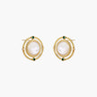 Circular gold stud earrings with iridescent mother-of-pearl center and green zirconia accents on cream background.