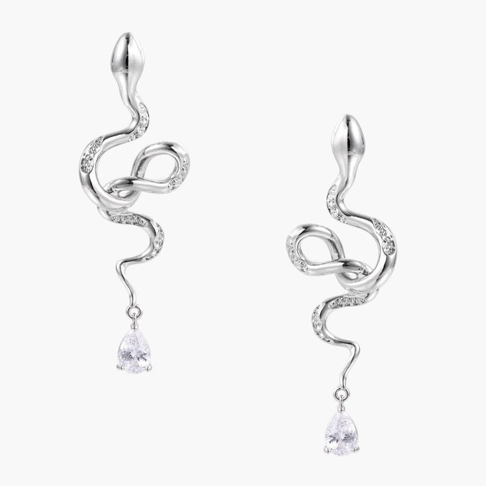 Silver snake-shaped drop earrings with crystal accents and teardrop stone dangles on cream background.