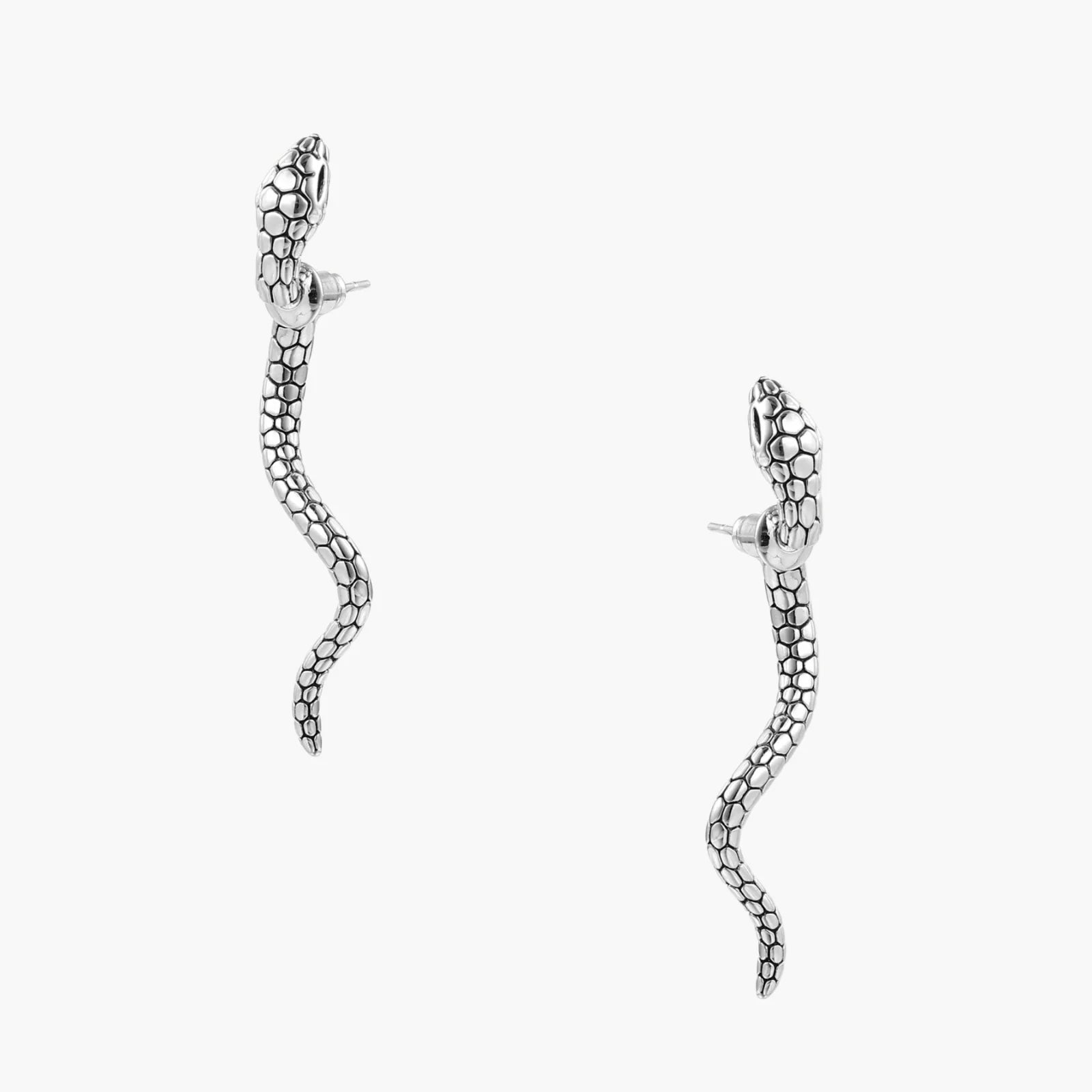 Silver-toned serpent-shaped dangle earrings with detailed scale texture curving in S-shape on beige background
