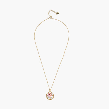 Gold-plated circular pendant with pink enamel rose, pearl background, and delicate beaded border on chain