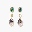 Gold drop earrings with iridescent abalone studs, rope links, jeweled caps and white baroque pearls on cream background
