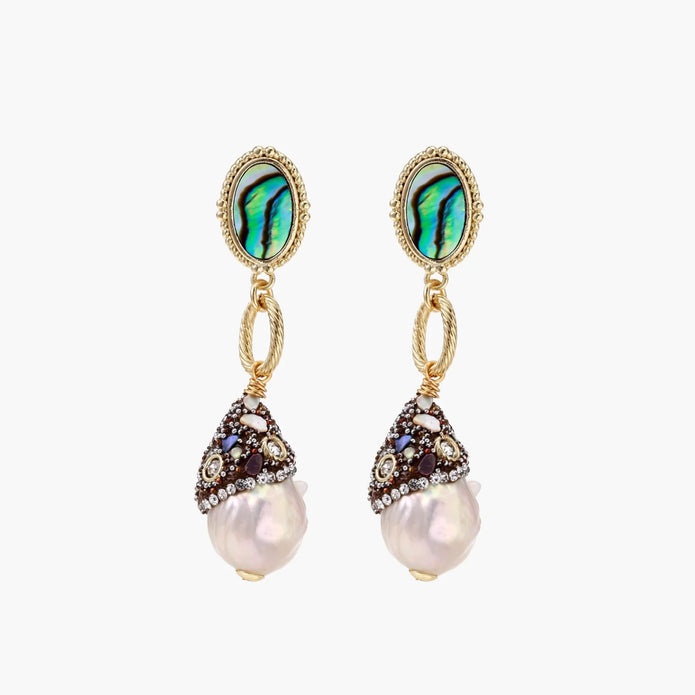 Gold drop earrings with iridescent abalone studs, rope links, jeweled caps and white baroque pearls on cream background