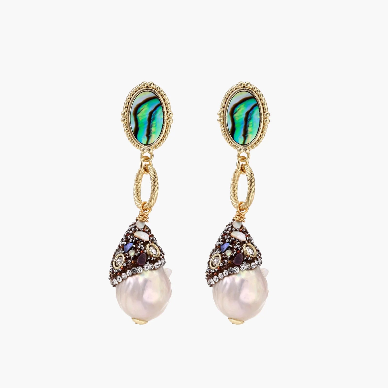 Gold drop earrings with iridescent abalone studs, rope links, jeweled caps and white baroque pearls on cream background