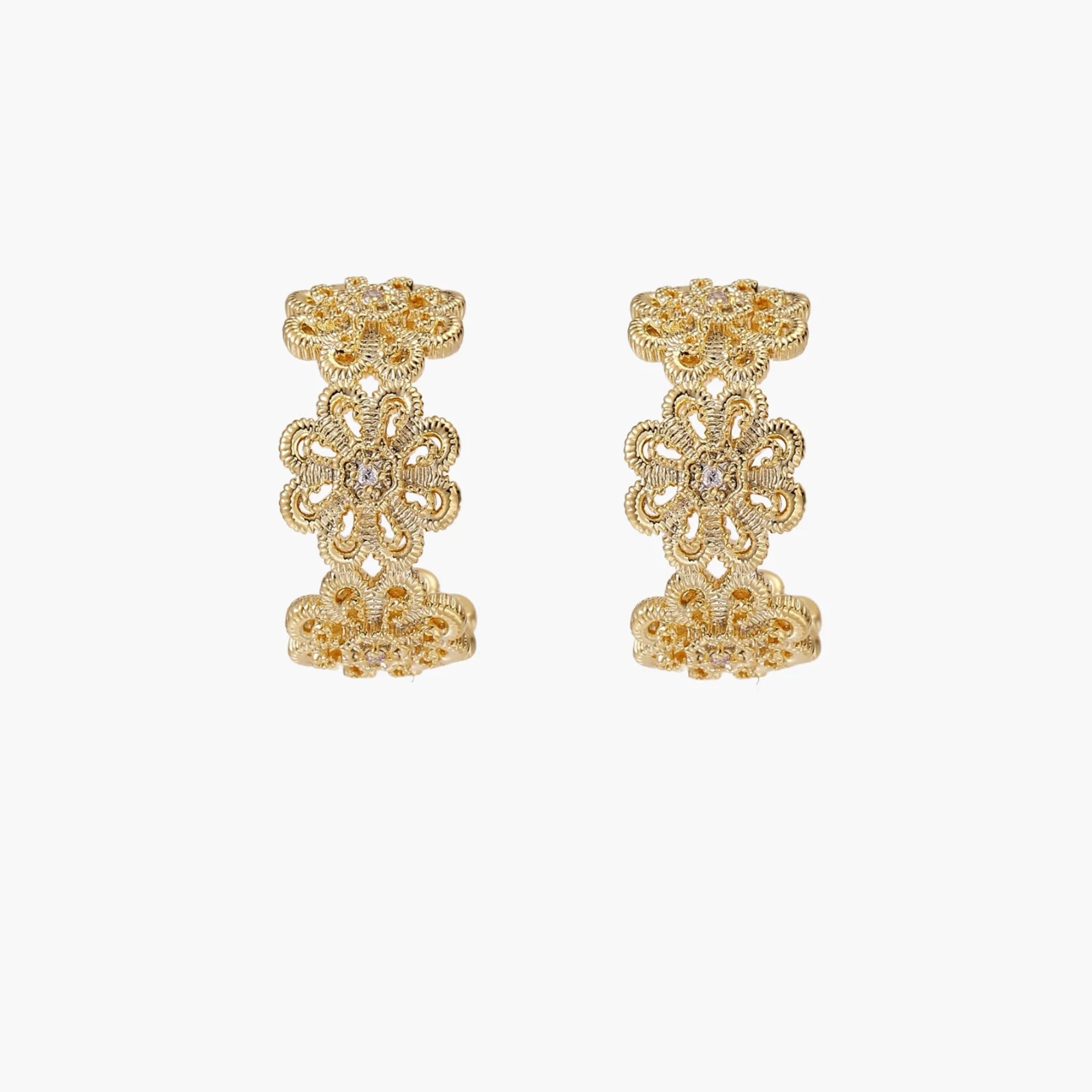 Gold hoop earrings with intricate three-dimensional floral filigree pattern in 14K gold plated brass on cream background