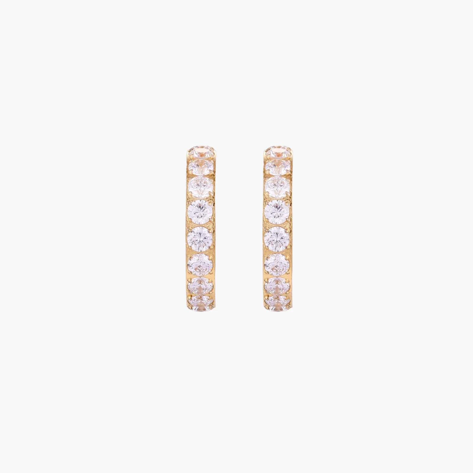 Gold pavé hoop earrings with two freshwater pearls nestled inside the curved design, featuring crystal-studded outer edge.