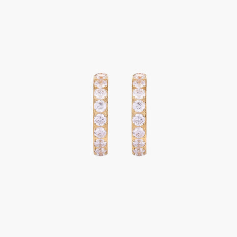 Gold pavé hoop earrings with two freshwater pearls nestled inside the curved design, featuring crystal-studded outer edge.