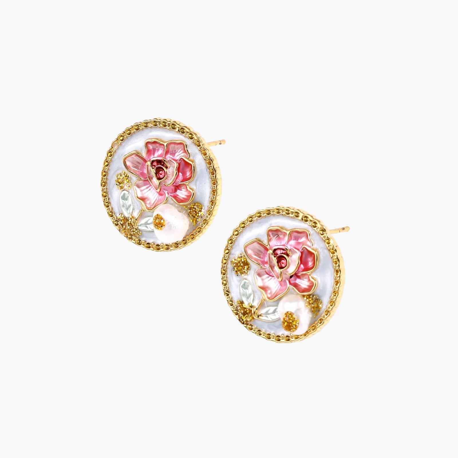 Gold-rimmed circular stud earrings with hand-painted pink peony enamel and pearl accents on white background