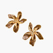 Gold-plated brass flower earrings with brown tortoiseshell enamel petals on cream background