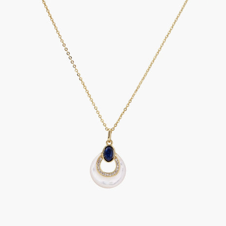 Gold necklace with navy lapis lazuli stone and iridescent mother-of-pearl teardrop pendant with crystal accents