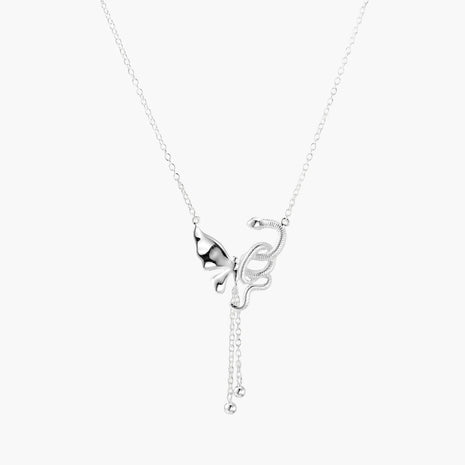 Sterling silver butterfly pendant with textured wing detail on adjustable Y-chain with ball drop ends