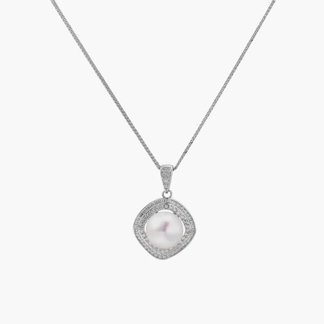 Cushion-shaped double halo pendant with 10mm freshwater pearl center on rhodium-plated sterling silver chain