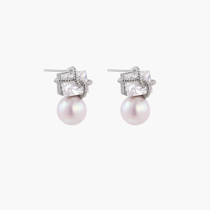 White gold stud earrings with square crystal stones in twisted frames and pink freshwater pearl drops below