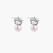 White gold stud earrings with square crystal stones in twisted frames and pink freshwater pearl drops below