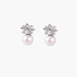 White gold stud earrings with square crystal stones in twisted frames and pink freshwater pearl drops below