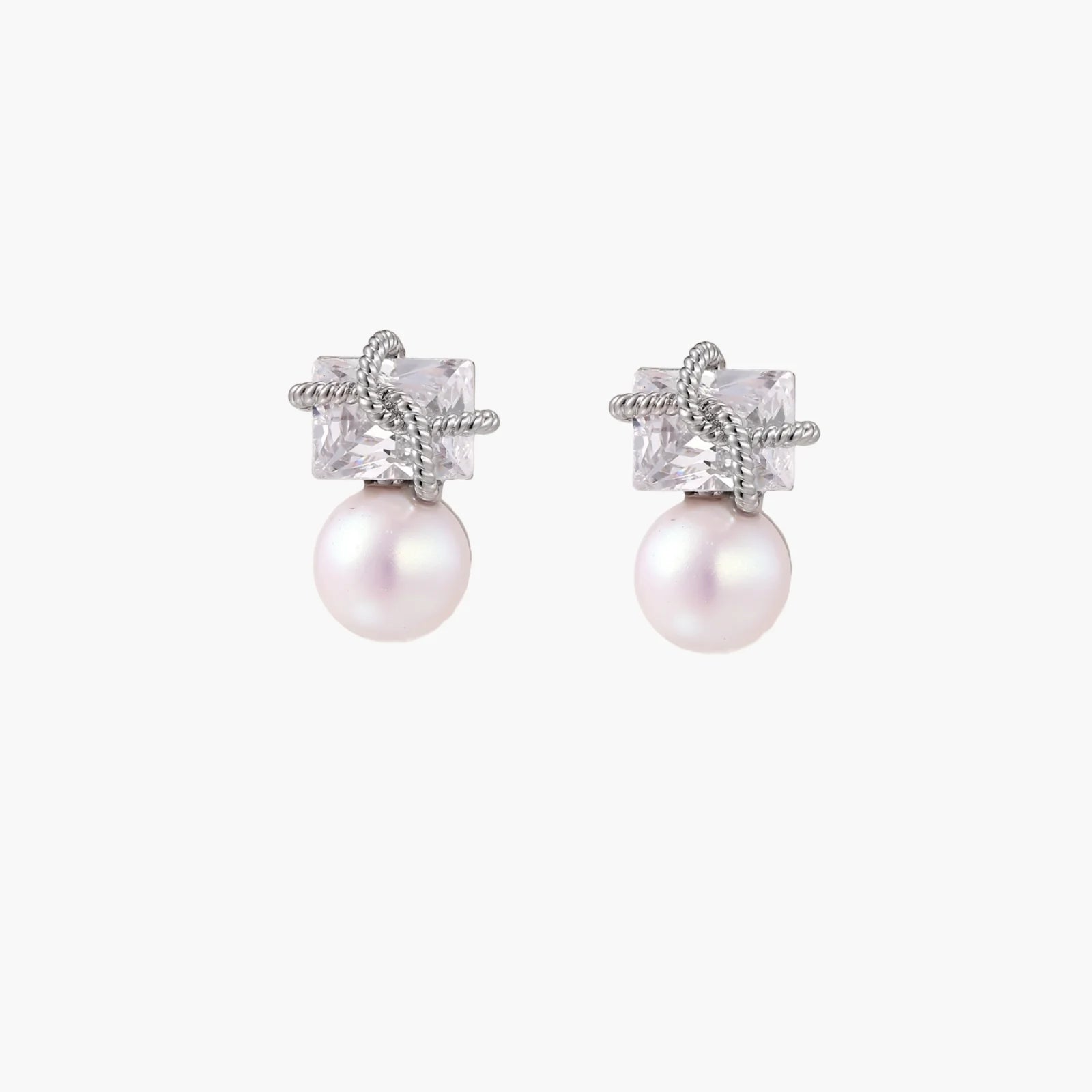 White gold stud earrings with square crystal stones in twisted frames and pink freshwater pearl drops below