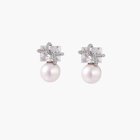 White gold stud earrings with square crystal stones in twisted frames and pink freshwater pearl drops below