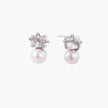 White gold stud earrings with square crystal stones in twisted frames and pink freshwater pearl drops below