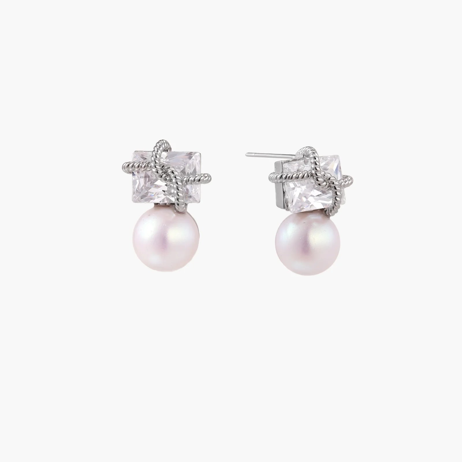 White gold stud earrings with square crystal stones in twisted frames and pink freshwater pearl drops below