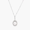 Oval sterling silver pendant with crystal halo surrounding a white freshwater pearl on delicate chain