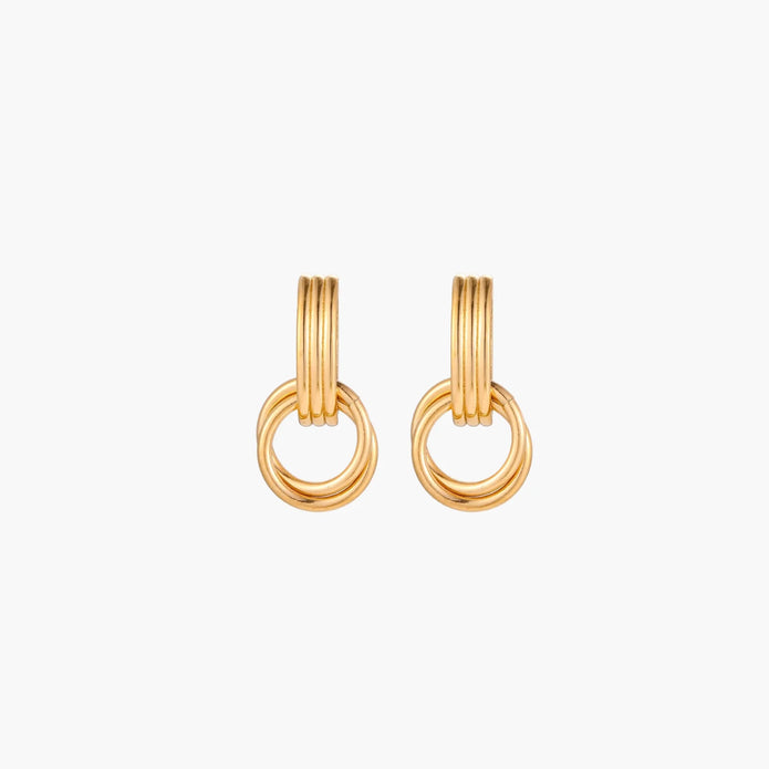 Gold stud earrings with vertical ridged bar connecting to triple interlocking circular rings on white background