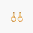 Gold stud earrings with vertical ridged bar connecting to triple interlocking circular rings on white background