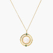 Gold pendant necklace with circular orbital design, iridescent mother-of-pearl center, and green zirconia accents
