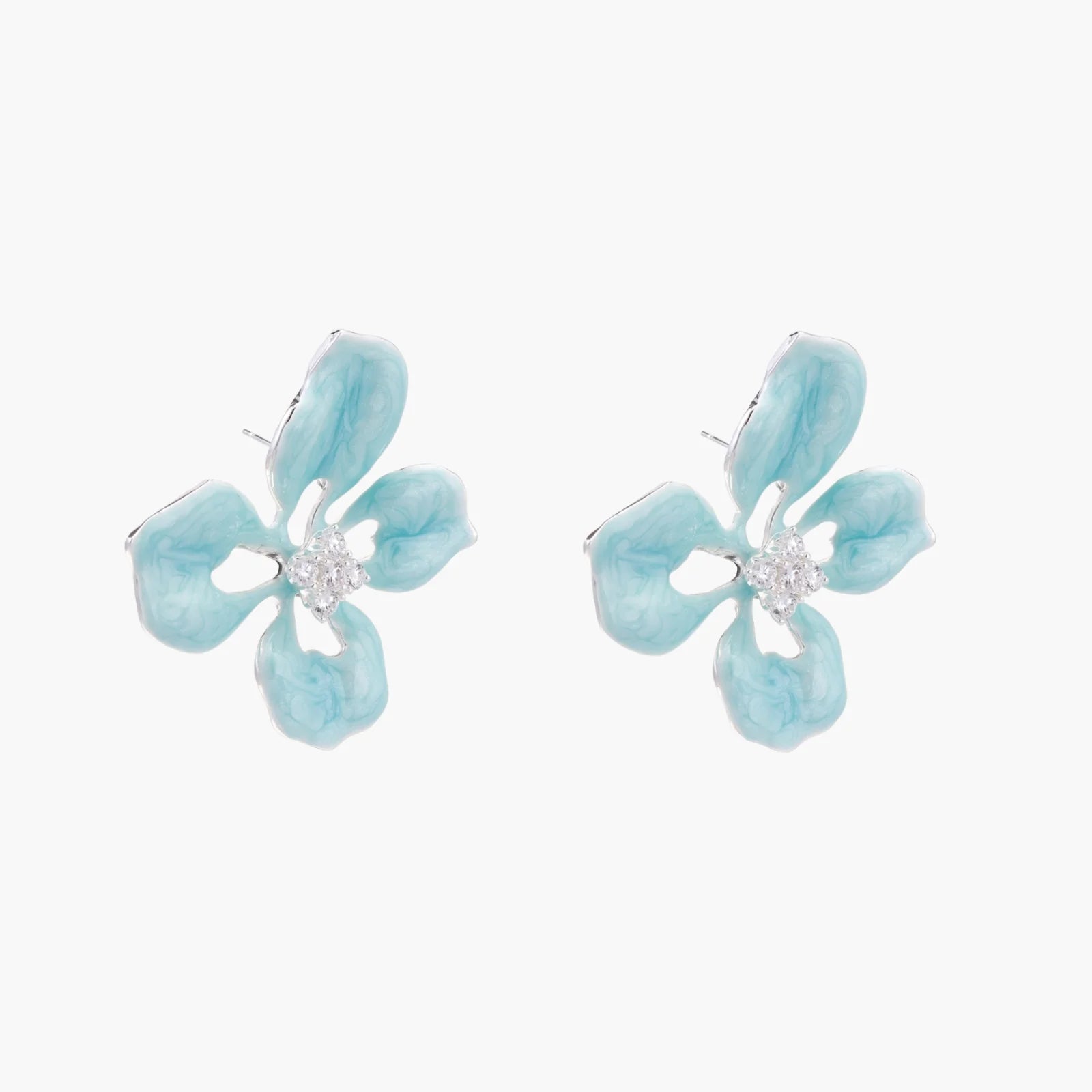 Turquoise enamel flower stud earrings with marbled finish and crystal centers on 18K gold plated brass